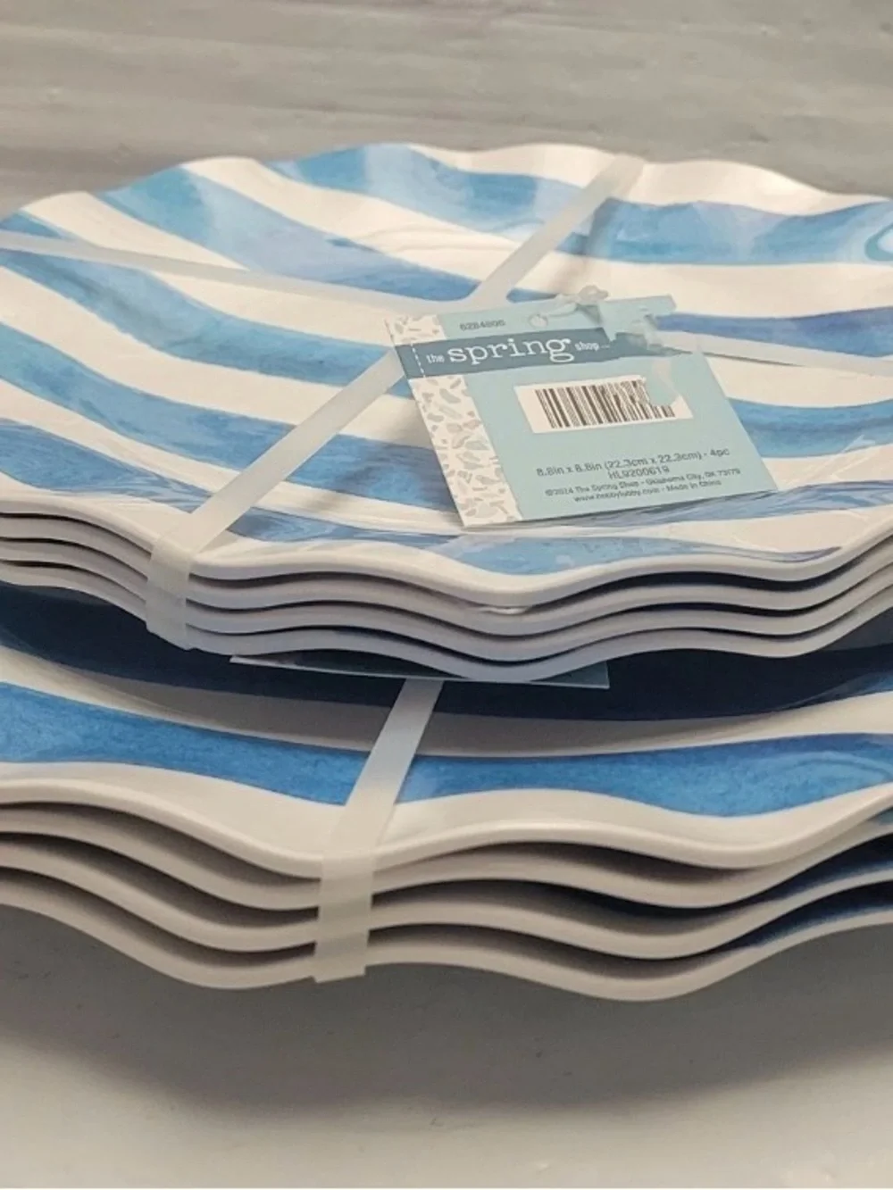 Hobby Lobby Blue Stripes Melamine Salad & Dinner Plates 4 Each Summer Watercolor